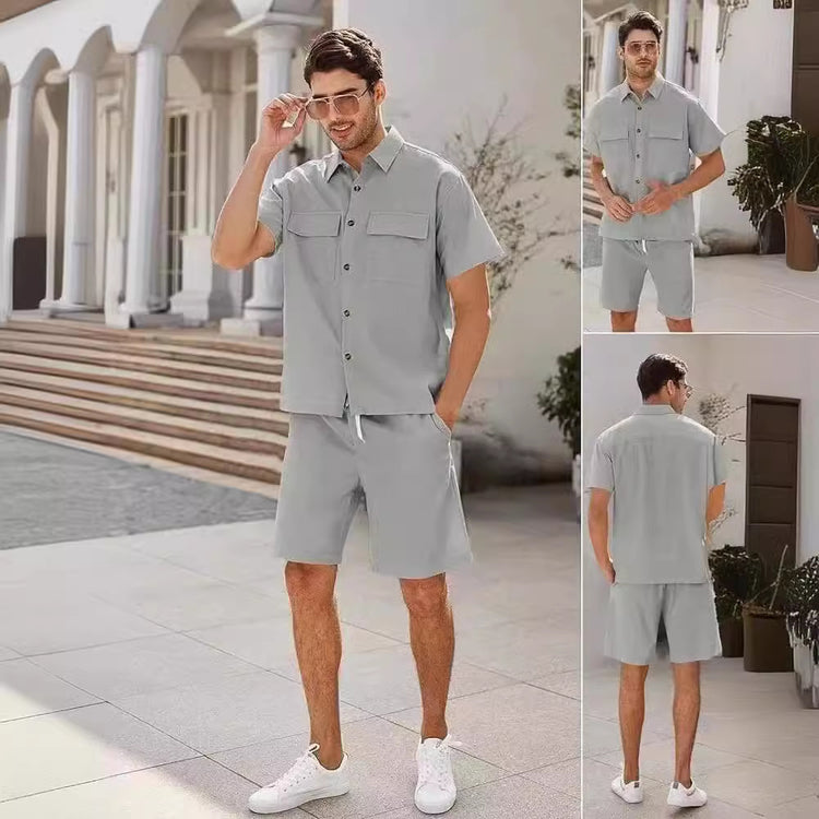 Summer Suits Men Short Sleeve Lapel Pockets Shirt And Drawstring Shorts Sports Fashion Leisure Men&