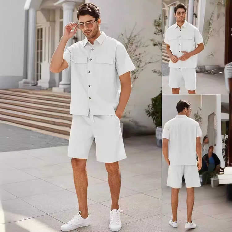 Summer Suits Men Short Sleeve Lapel Pockets Shirt And Drawstring Shorts Sports Fashion Leisure Men&