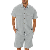 Summer Suits Men Short Sleeve Lapel Pockets Shirt And Drawstring Shorts Sports Fashion Leisure Men&