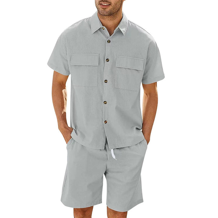 Summer Suits Men Short Sleeve Lapel Pockets Shirt And Drawstring Shorts Sports Fashion Leisure Men&
