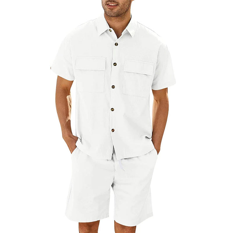Summer Suits Men Short Sleeve Lapel Pockets Shirt And Drawstring Shorts Sports Fashion Leisure Men&