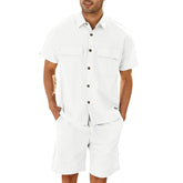 Summer Suits Men Short Sleeve Lapel Pockets Shirt And Drawstring Shorts Sports Fashion Leisure Men&
