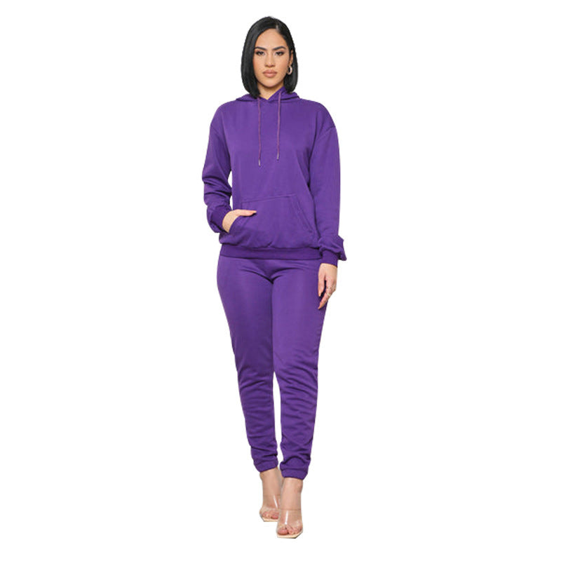European And American Pure Color Stickers Bags Hoodie With Drawstrings Long Sleeve Sweaters Women&