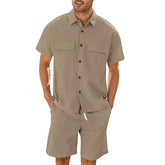 Summer Suits Men Short Sleeve Lapel Pockets Shirt And Drawstring Shorts Sports Fashion Leisure Men&