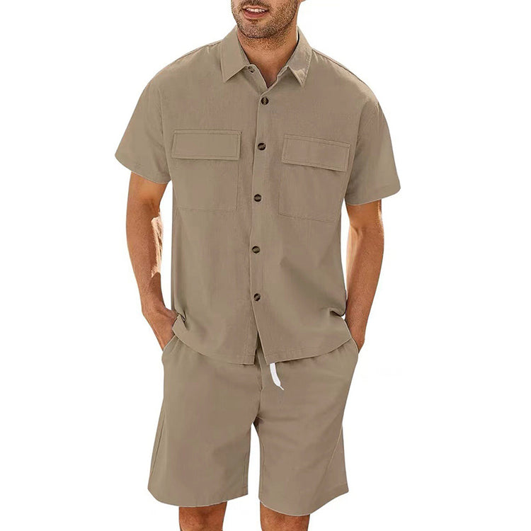 Summer Suits Men Short Sleeve Lapel Pockets Shirt And Drawstring Shorts Sports Fashion Leisure Men&
