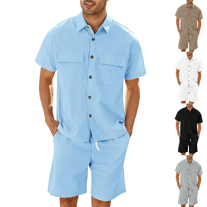 Summer Suits Men Short Sleeve Lapel Pockets Shirt And Drawstring Shorts Sports Fashion Leisure Men&