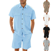 Summer Suits Men Short Sleeve Lapel Pockets Shirt And Drawstring Shorts Sports Fashion Leisure Men&