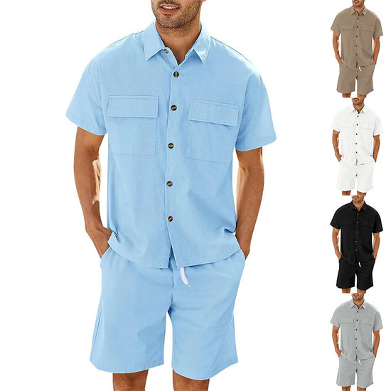 Summer Suits Men Short Sleeve Lapel Pockets Shirt And Drawstring Shorts Sports Fashion Leisure Men&