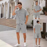 Summer Suits Men Short Sleeve Lapel Pockets Shirt And Drawstring Shorts Sports Fashion Leisure Men&