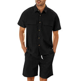 Summer Suits Men Short Sleeve Lapel Pockets Shirt And Drawstring Shorts Sports Fashion Leisure Men&