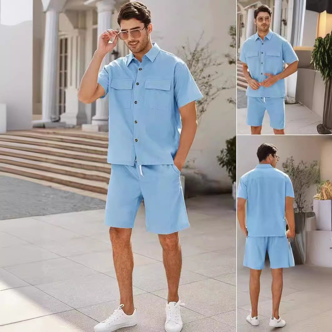 Summer Suits Men Short Sleeve Lapel Pockets Shirt And Drawstring Shorts Sports Fashion Leisure Men&