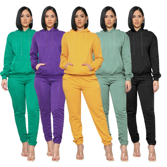 European And American Pure Color Stickers Bags Hoodie With Drawstrings Long Sleeve Sweaters Women&