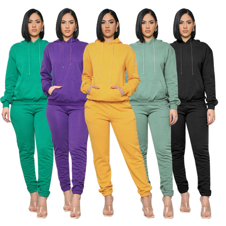 European And American Pure Color Stickers Bags Hoodie With Drawstrings Long Sleeve Sweaters Women&