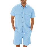 Summer Suits Men Short Sleeve Lapel Pockets Shirt And Drawstring Shorts Sports Fashion Leisure Men&