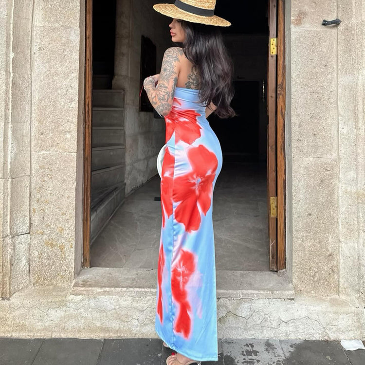 Slim Slit Tube Long Dress Summer Sexy Pint Party Beach Dresses Women&