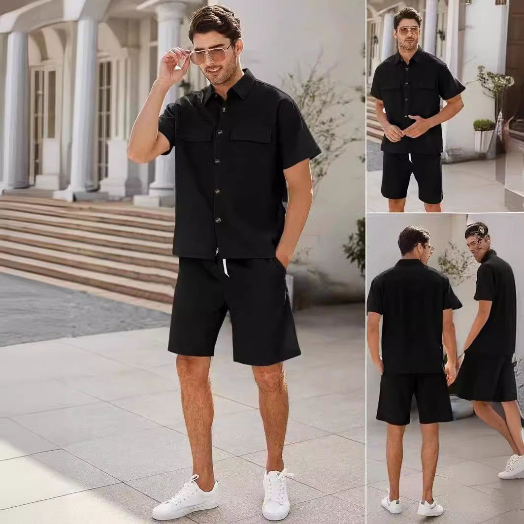 Summer Suits Men Short Sleeve Lapel Pockets Shirt And Drawstring Shorts Sports Fashion Leisure Men&