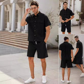 Summer Suits Men Short Sleeve Lapel Pockets Shirt And Drawstring Shorts Sports Fashion Leisure Men&
